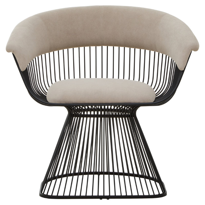 Modern chair with black wire frame and beige cushion on a white background