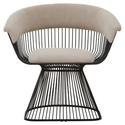 Modern chair with black wire frame and beige cushion on a white background