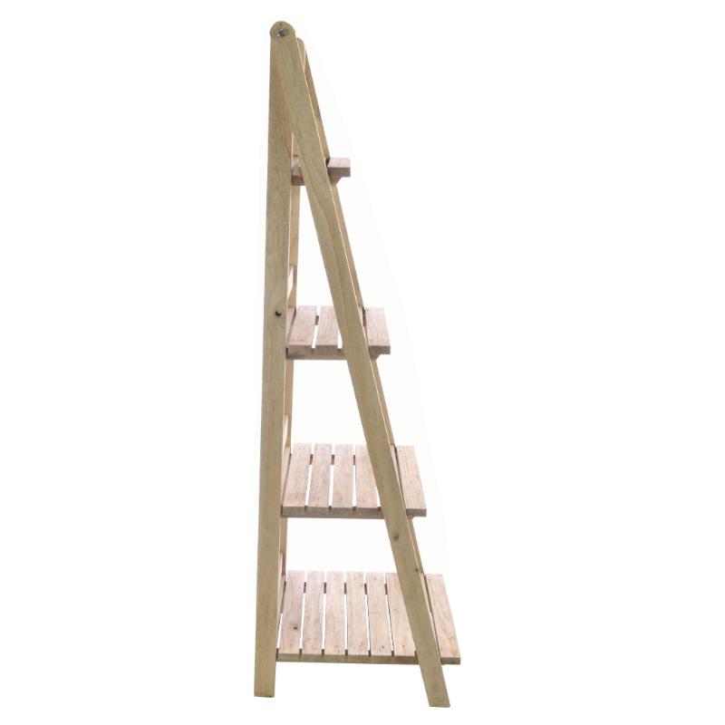 Wooden ladder shelf with four shelves on a white background