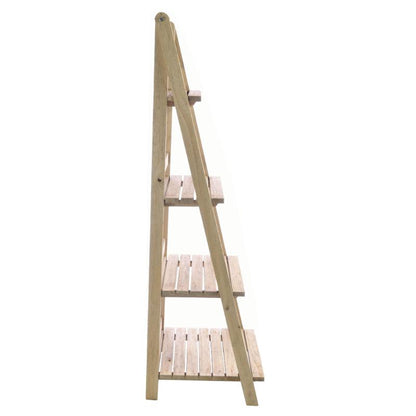 Wooden ladder shelf with four shelves on a white background
