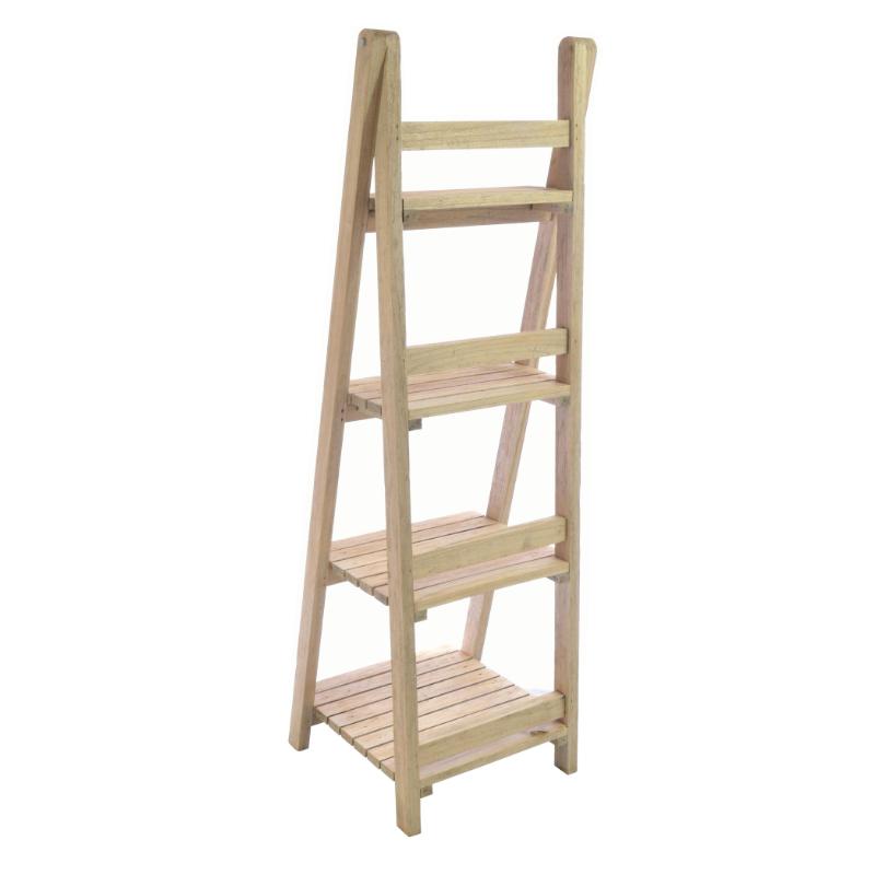 A natural wood A-frame ladder shelf with four tiers, shown on a plain white background.