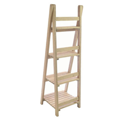 A natural wood A-frame ladder shelf with four tiers, shown on a plain white background.