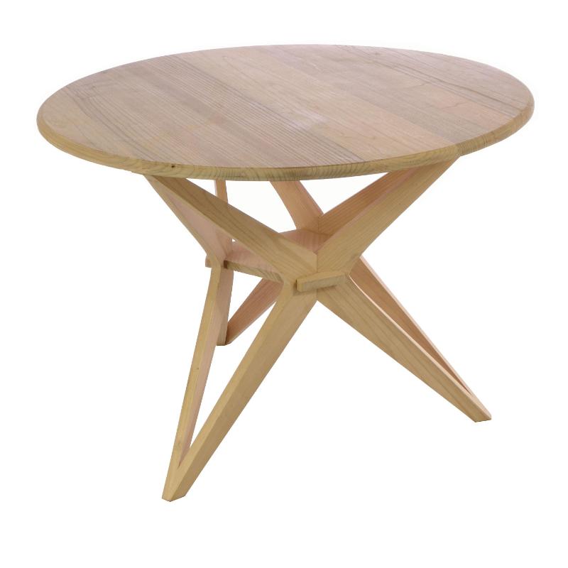 A round wooden table with a light natural oak finish, featuring a slatted circular top and a sculptural X-shaped base, shown against a plain white background.