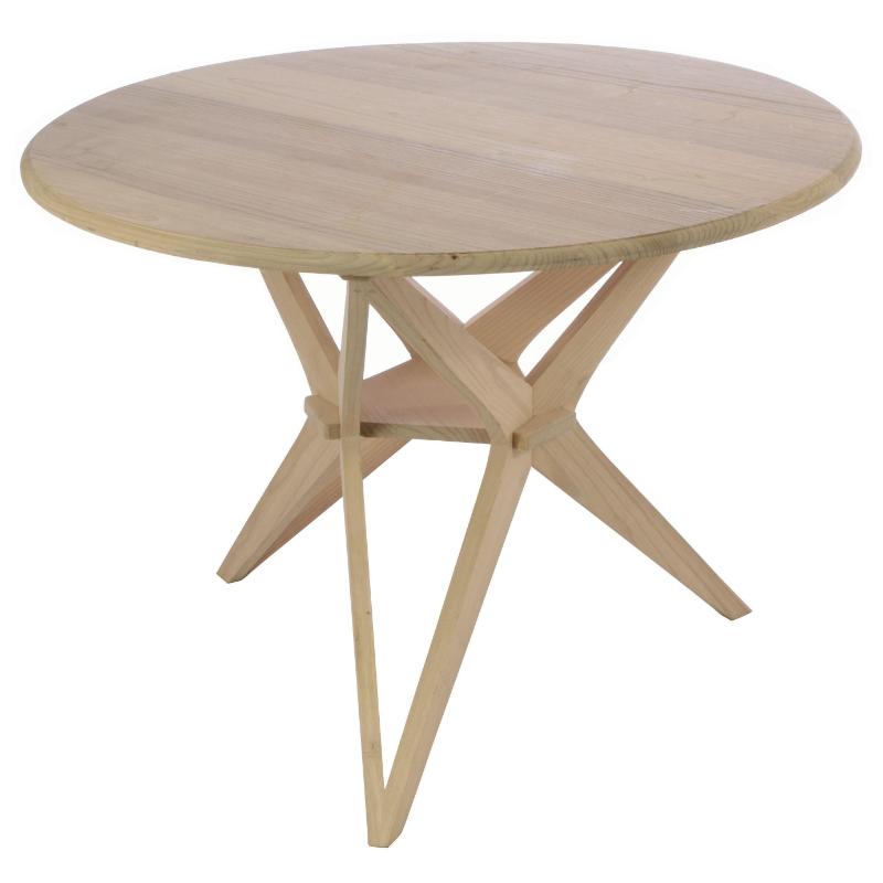 Round wooden table with star-shaped legs on a white background