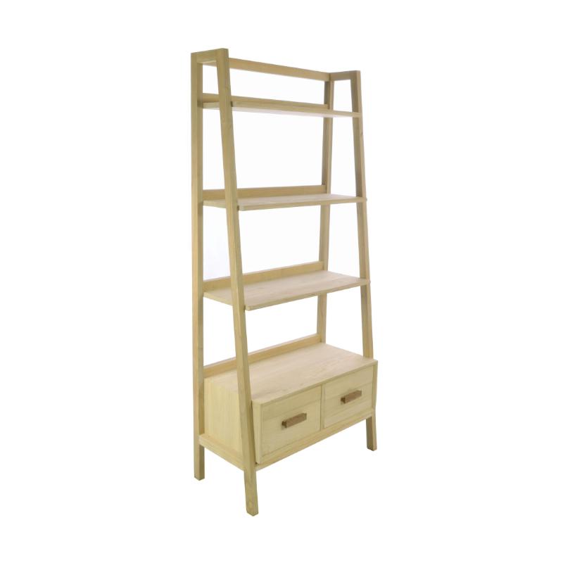 A light natural wood five-tier bookcase with two drawers at the bottom, shown against a plain white background.