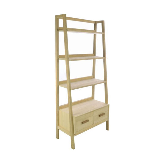 A light natural wood five-tier bookcase with two drawers at the bottom, shown against a plain white background.