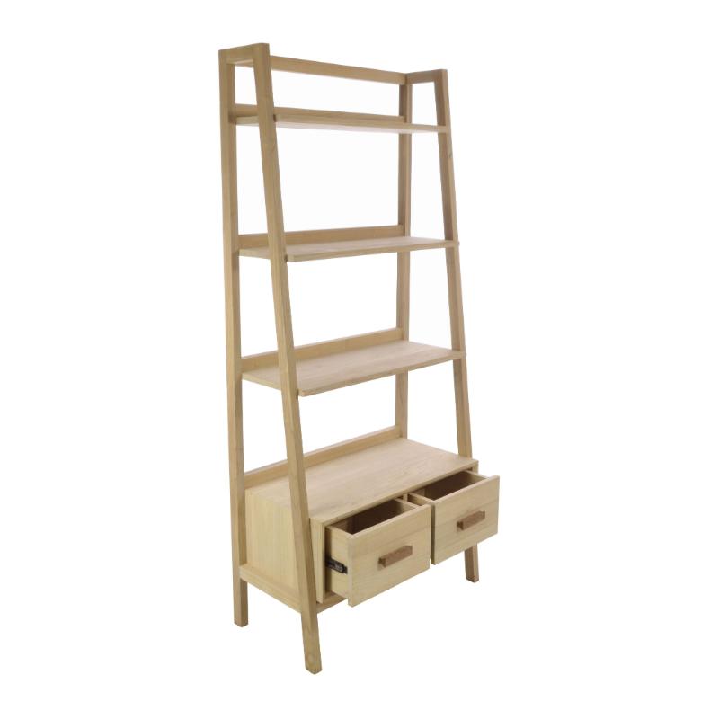 A light natural wood ladder-style bookshelf with five open shelves and two pull-out drawers at the bottom, shown on a plain white background.