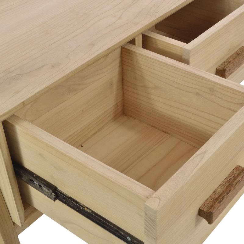 Close-up of a light natural wood drawer pulled open, showing the drawer interior, wood grain, and metal pull hardware against a white background.