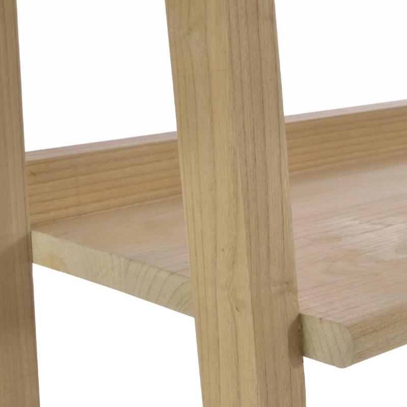 Close-up of a light natural wood shelf with a vertical support post and visible wood grain against a white background.