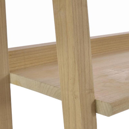 Close-up of a light natural wood shelf with a vertical support post and visible wood grain against a white background.
