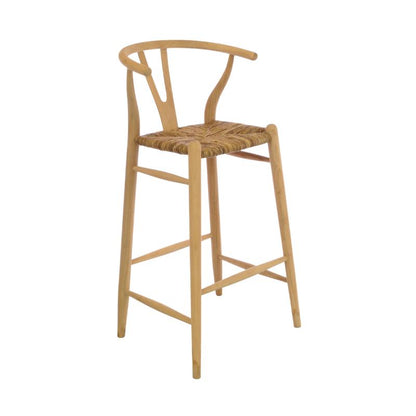 A light natural wood bar stool with a woven rattan seat, shown from a three-quarter angle against a plain white background.