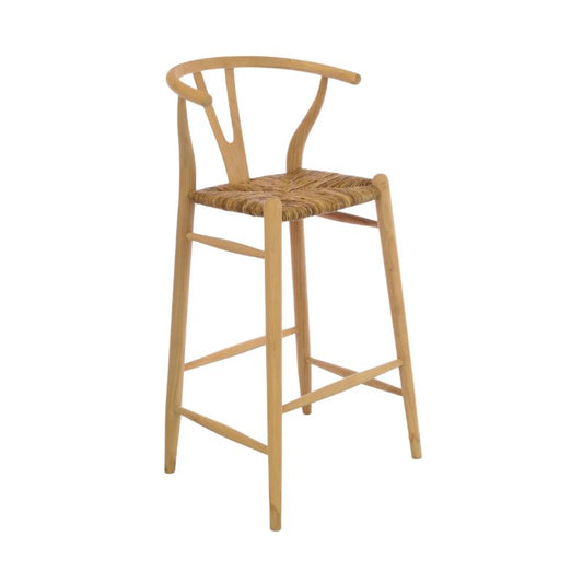 A light natural wood bar stool with a woven rattan seat, shown from a three-quarter angle against a plain white background.