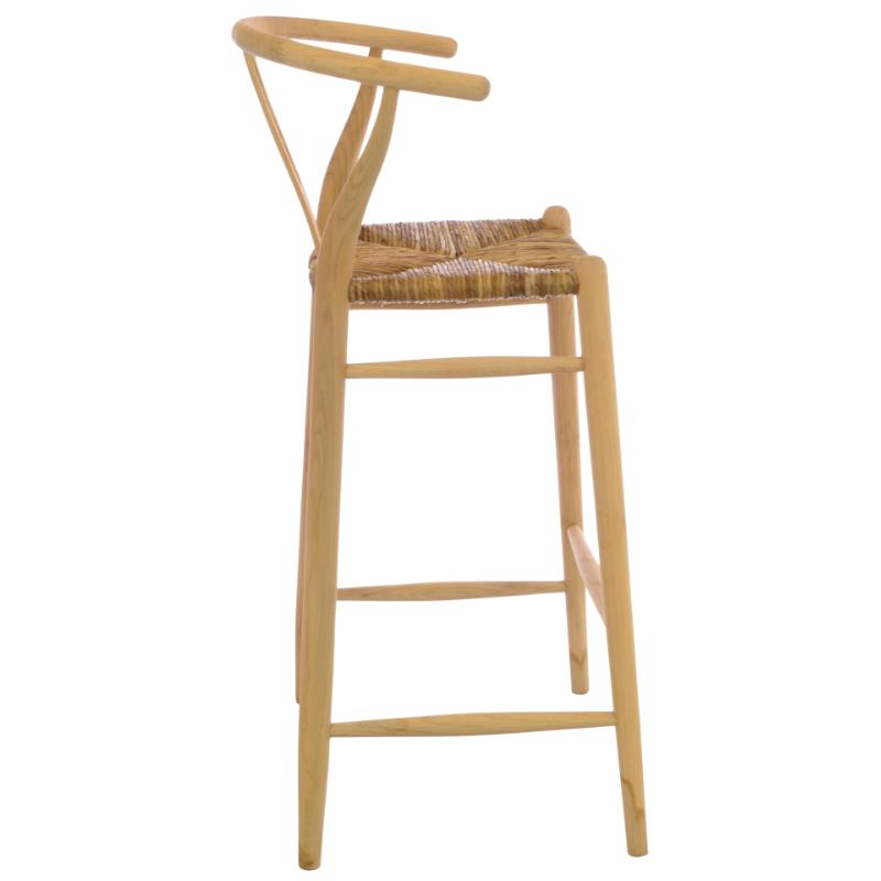 A light natural wood bar stool with a woven rattan seat and a curved backrest, shown against a plain white background.