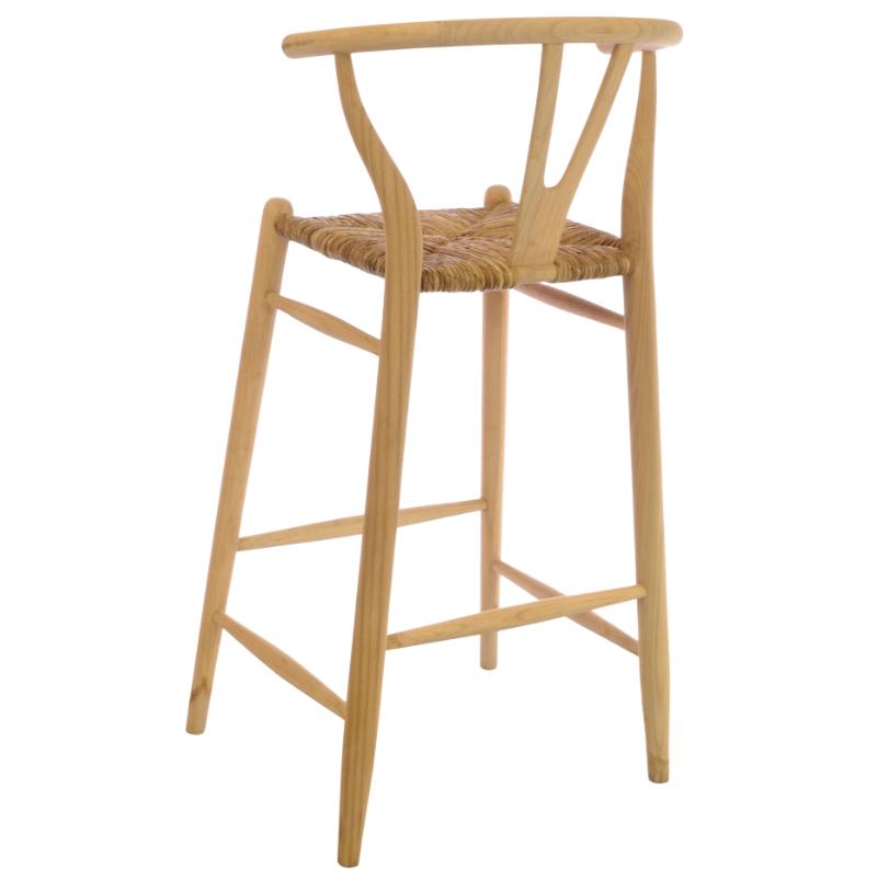 A light natural wood bar stool with a woven straw seat, shown from a three-quarter angle against a plain white background.