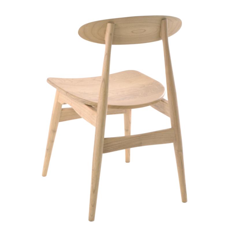 A light natural wood dining chair with a curved seat, oval backrest, and angled legs, shown against a plain white background.