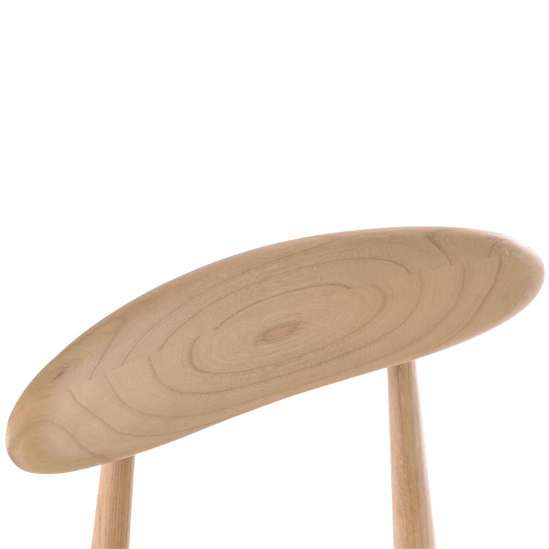Close-up of a light natural wood chair backrest with visible wood grain and two matching wooden legs against a plain white background.