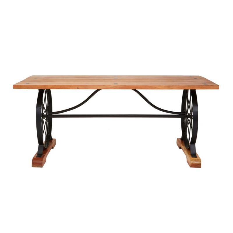 Wooden table with black metal base on a white background