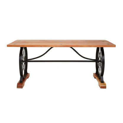 Wooden table with black metal base on a white background