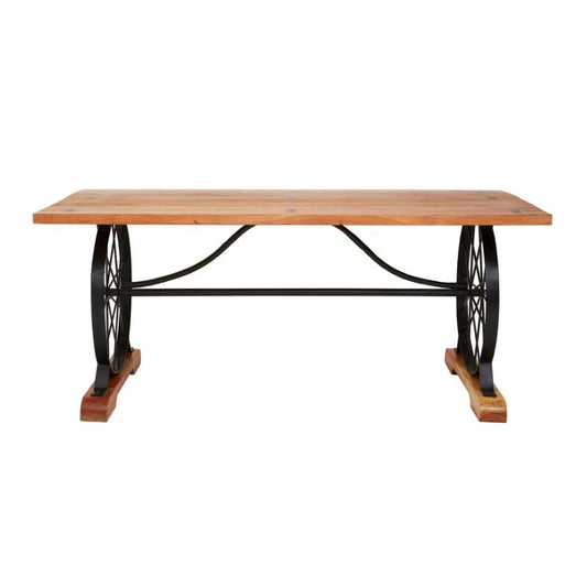 Wooden table with black metal base on a white background