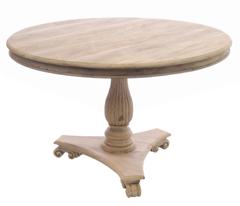 Round wooden table with a pedestal base on a white background