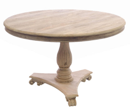 Round wooden table with a pedestal base on a white background
