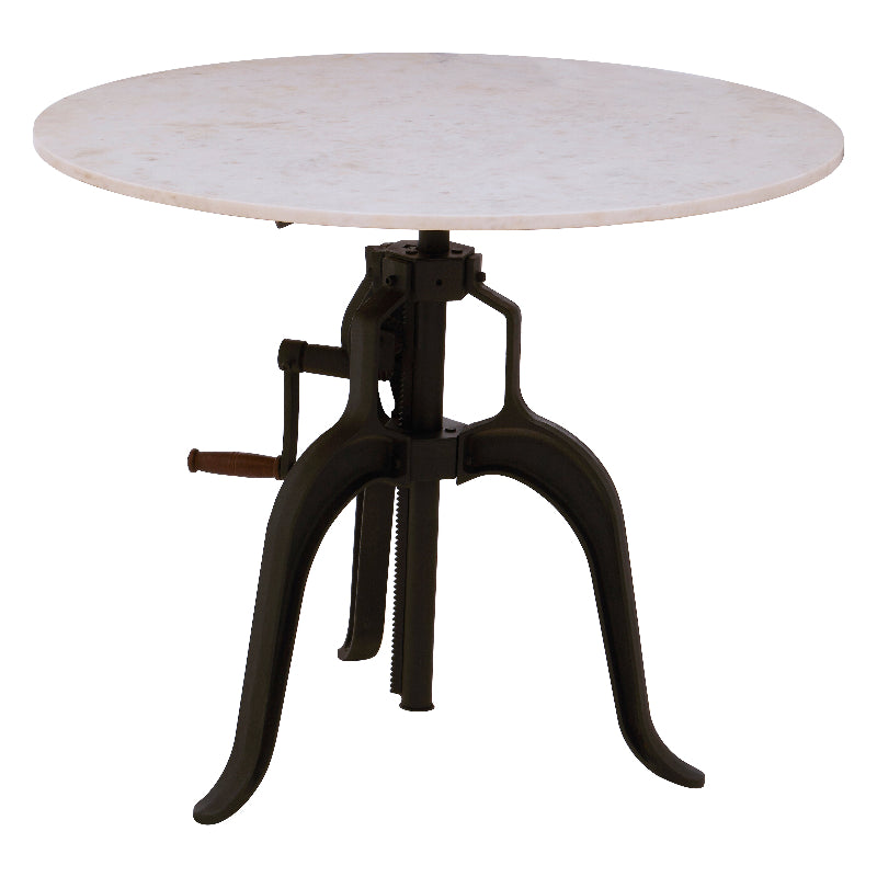 Round marble table with a black metal base on a white background