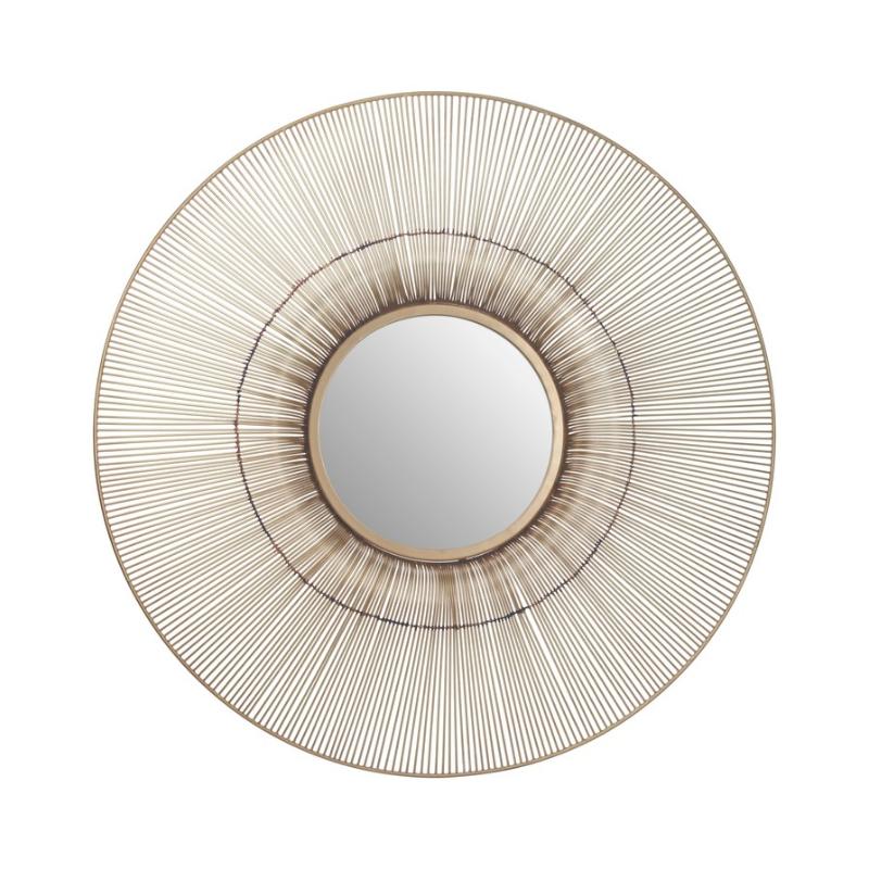 Round wall mirror with a gold wireframe on a white background