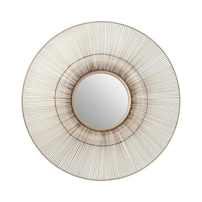 Round wall mirror with a gold wireframe on a white background