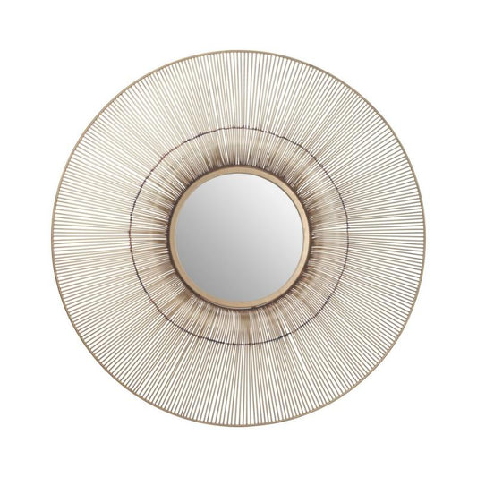 Round wall mirror with a gold wireframe on a white background