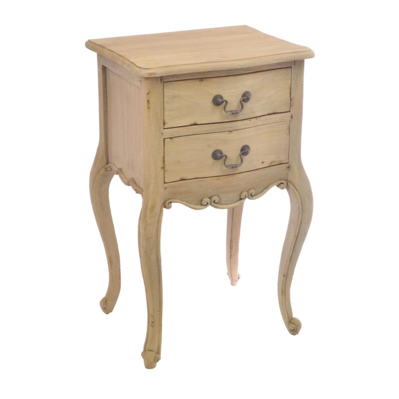 A small vintage-style nightstand with two drawers, featuring curved cabriole legs and dark metal handles, shown against a plain white background.