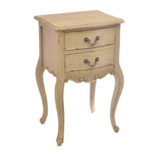 A small vintage-style nightstand with two drawers, featuring curved cabriole legs and dark metal handles, shown against a plain white background.