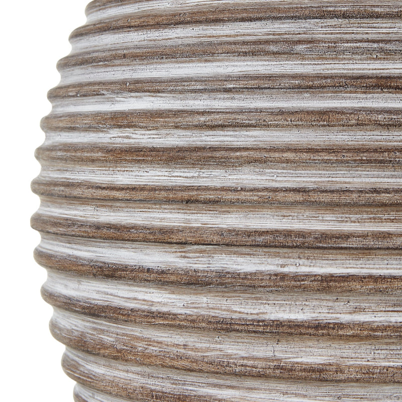 Close-up of a textured lamp base with horizontal ribbing on a white background