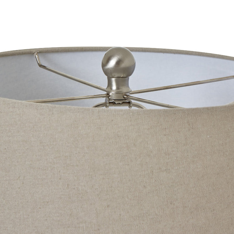 Close-up of a lamp with a beige shade and metallic base on a white background