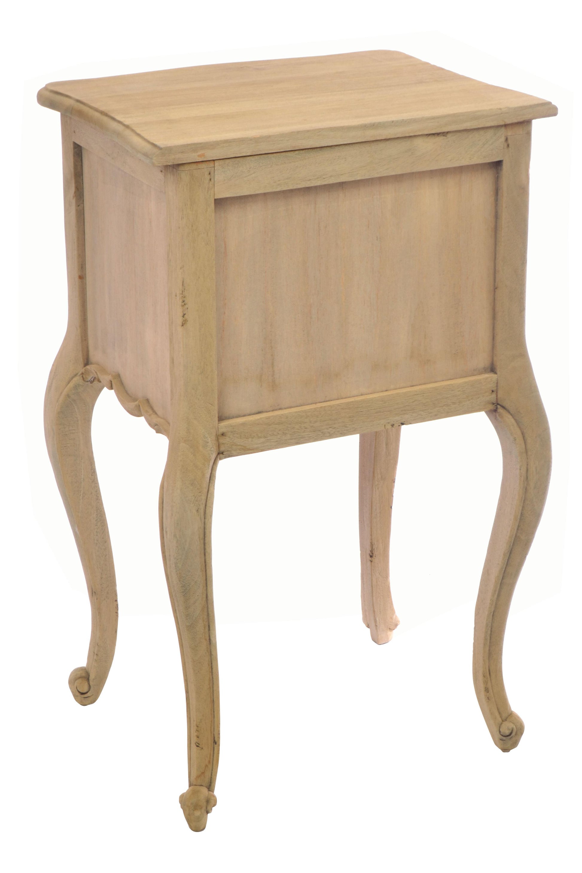 Wooden side table with curved legs on a white background