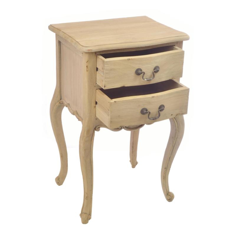 A light natural wood bedside table with two drawers, curved cabriole-style legs, and dark metal drawer pulls, shown on a plain white background.