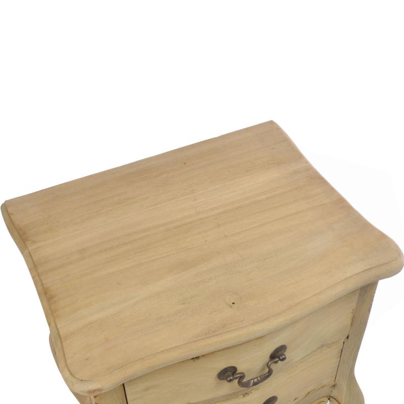 A close-up of a light natural wood nightstand or end table with a distressed finish and dark metal drawer pulls, shown against a plain white background.