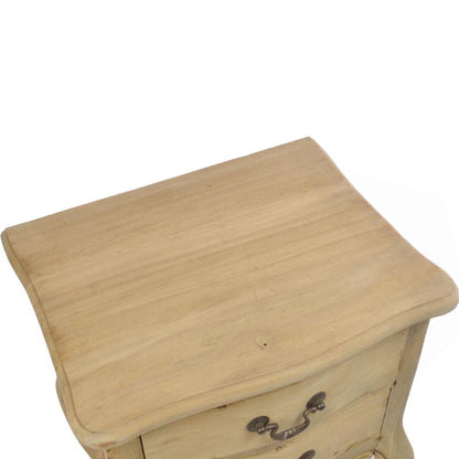 A close-up of a light natural wood nightstand or end table with a distressed finish and dark metal drawer pulls, shown against a plain white background.