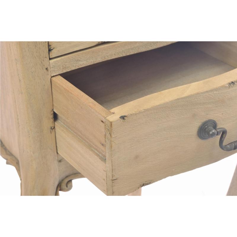 Close-up of a light natural wood furniture piece with an open drawer showing a dark metal pull handle, on a white background.