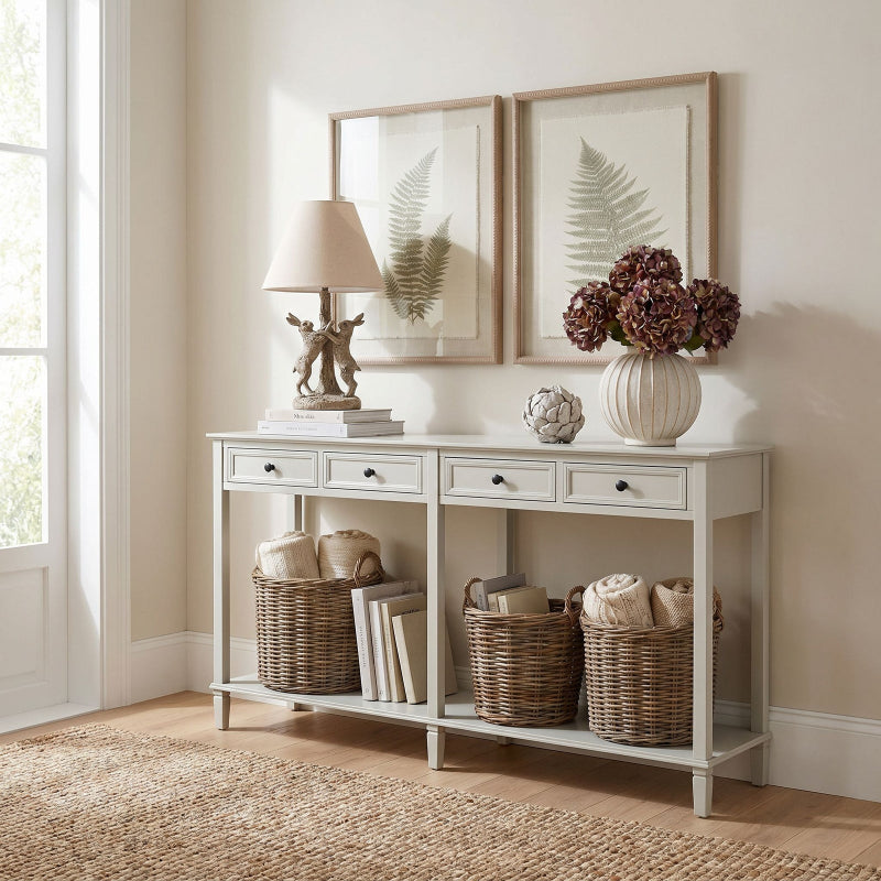 White console table with decorative items in a room with light-colored walls and a rug.