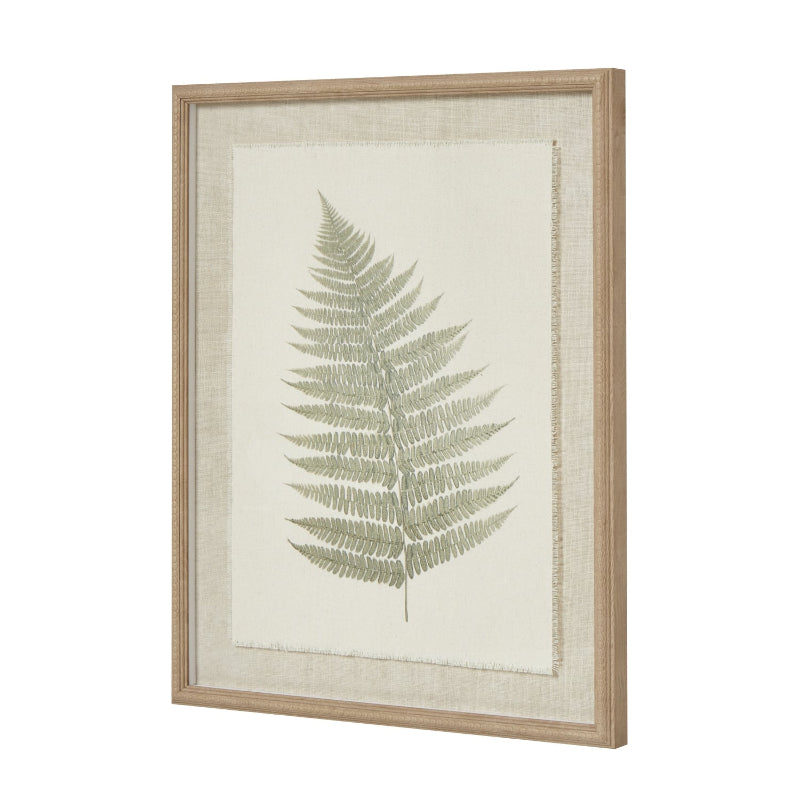 Framed artwork of a fern leaf on a white background