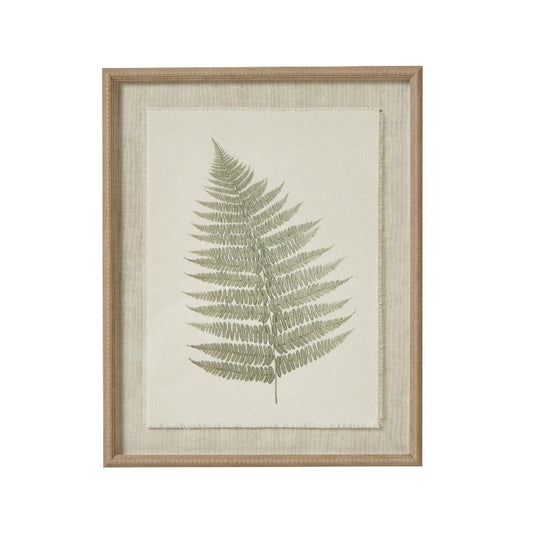 Framed artwork of a fern leaf on a textured beige background