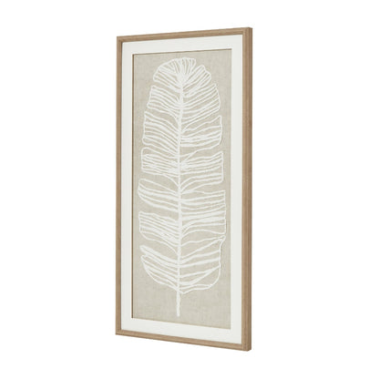 Framed artwork with a white leaf design on a beige background