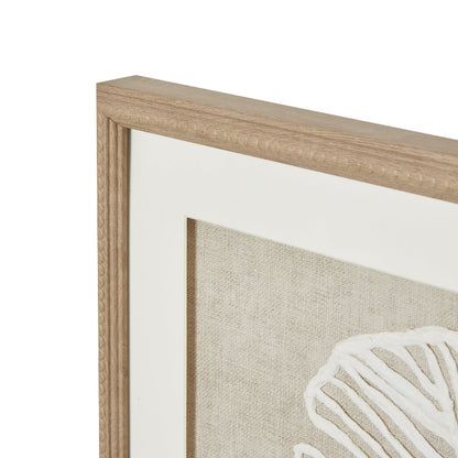 Close-up of a wooden headboard with a textured fabric panel and decorative element.