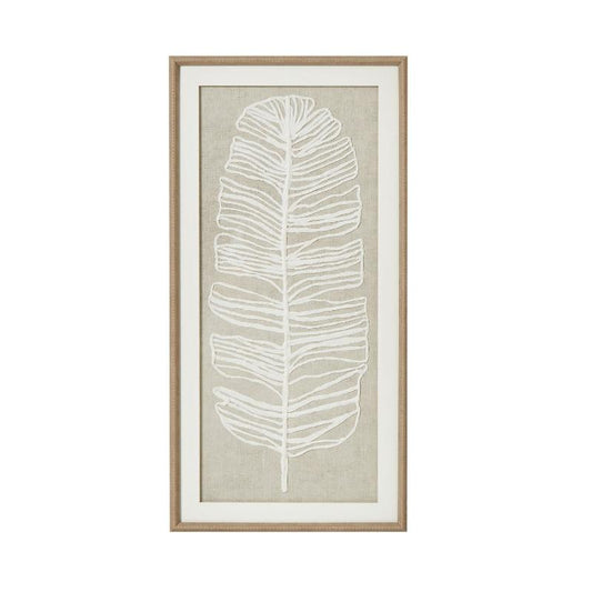 Framed artwork with a white leaf design on a beige background