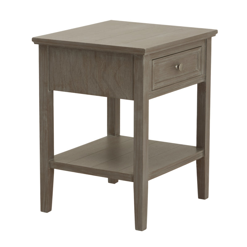 Wooden side table with a drawer on a white background