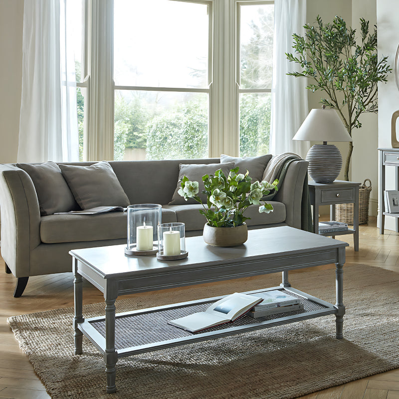 Living room with a grey sofa, coffee table, and decorative items.