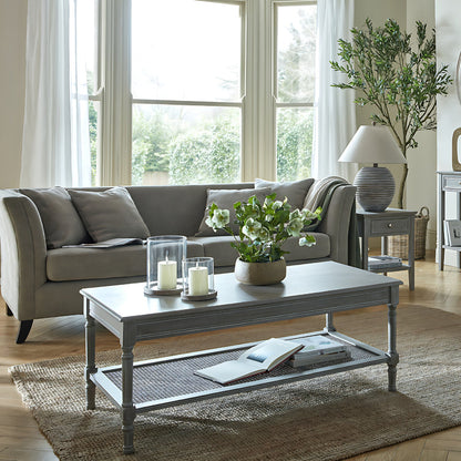 Living room with a grey sofa, coffee table, and decorative items.