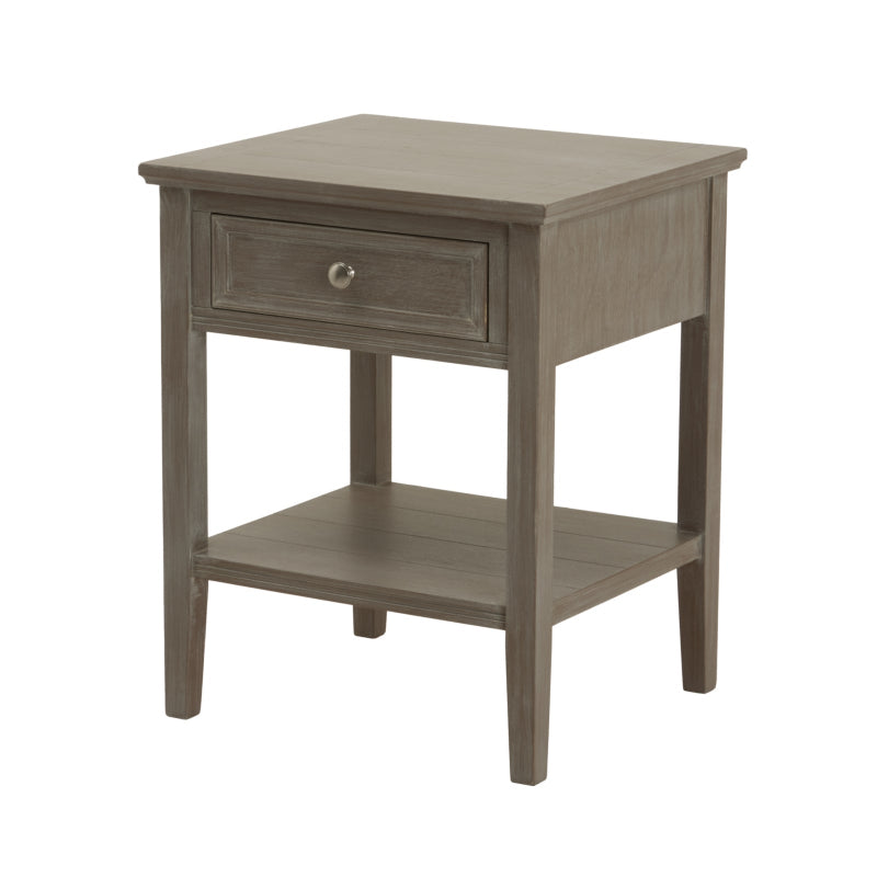 Wooden side table with a drawer on a white background