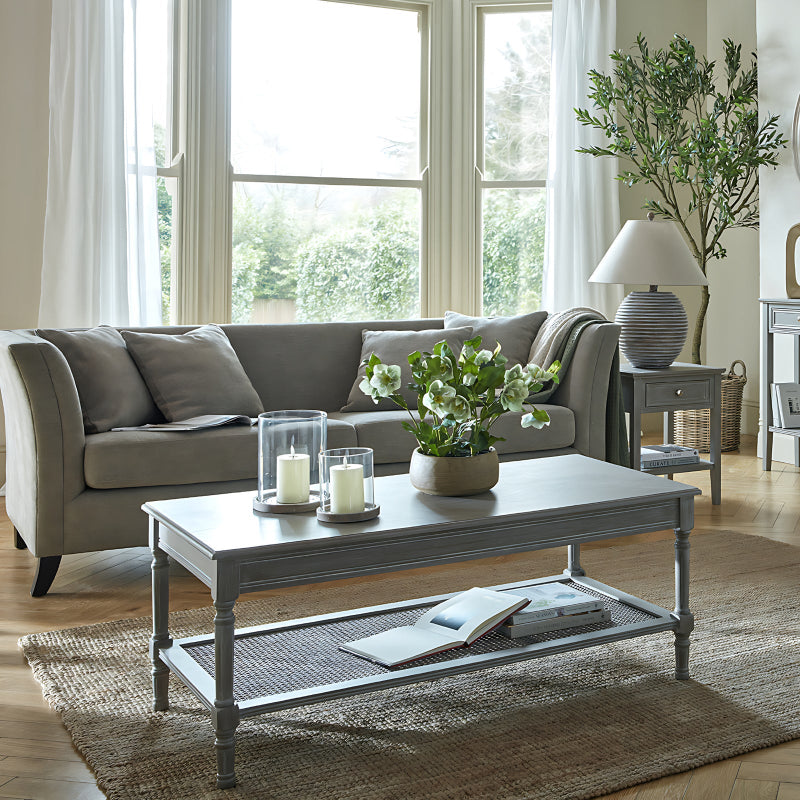 Living room with a grey sofa, coffee table, and decorative items.