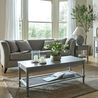 Living room with a grey sofa, coffee table, and decorative items.